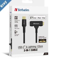 Verbatim 2in1 Cable Type C to C  Lightning Kevlar Slide 120cm BLK