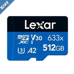 Lexar HighPerformance 633x 512GB microSDHC UHSI Card BLUE Series  adaptor 512GB  C10 A2 UHSI U3 V30 up to 100MBs read 70MBs