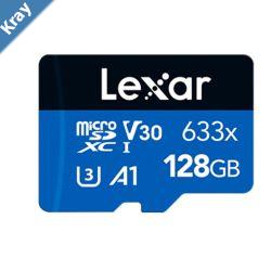 Lexar HighPerformance 633x 128GB microSDHC microSDXC UHSI Card BLUE Series adaptor 128GB  C10 A1 UHSI U3 V30 up to 100MBs read 45MBs