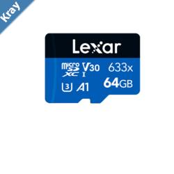 Lexar HighPerformance 633x 64GB microSDHC microSDXC UHSI Card BLUE Series without adaptor 64GB  C10 A1 UHSI U3 V30 up to 100MBs read 45