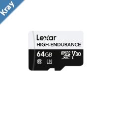 Lexar HighEndurance microSDXC UHSI cards 64GB HighEndurance microSDXC UHSI C10 UHSI U3 V30 up to 100MBs read up to 35MBs write