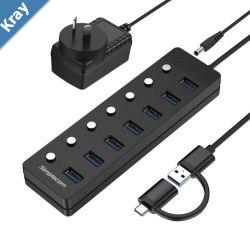 Simplecom CH375C USBA and USBC to 7Port USB 3.0 Hub 5Gbps Individual Switches and Power Adapter