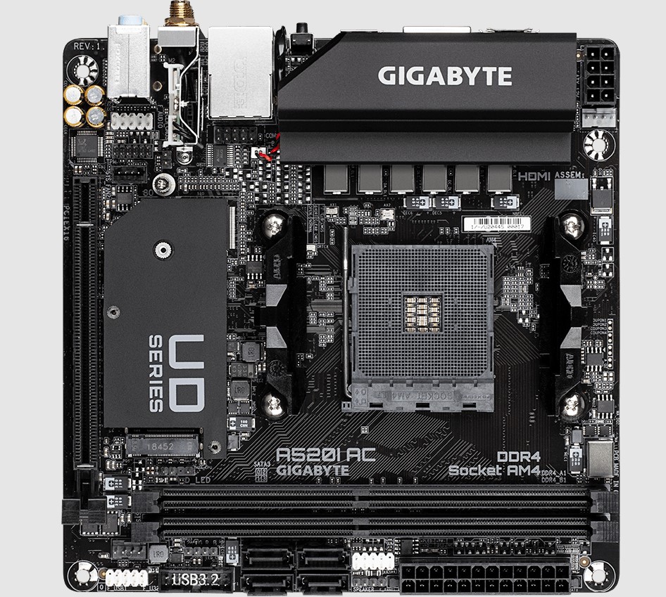 Gigabyte A520I AC 1.4 AMD MiniITX MB 2xDDR4 1xM.2 PCIE3.0 1xDP 2xHDMI  802.11ac WIFI RGB Fusion