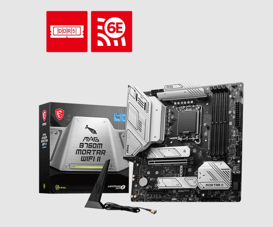 MSI PRO B760M MORTAR WIFI II mATX Motherboard 4x DDR5256GB 1x PCIE x 16 1x PCIE x 4 3x M.2 4x SATA 8x USB 2.0 WiFi 6E