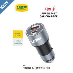 USP 43W Dual Port USBC 25W PD  USBA 43W QC3.0 Fast Car Charger Silver  Dual USB Quick Charge Inteligent ChargingShortCircuit ProtectionSafe