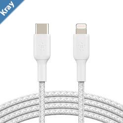 Belkin BoostCharge Braided Lightning to USBC Cable 1m3.3ft  WhiteCAA004bt1MWH 480Mbps 10K bend Apple iPhone  iPad  Macbook 2YR