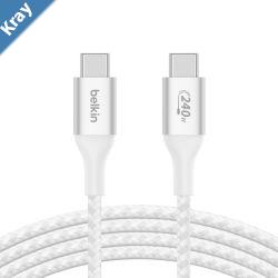 Belkin BoostCharge USBC to USBC Cable 1M  White CAB015bt1MWH 240W 480Mbps 30K bend Samsung GalaxyiPadMacBookGoogleOPPONokia2YR