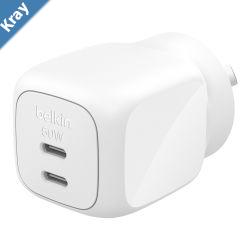 Belkin BoostCharge Pro 50W Dual USBC GaN Wall Charger White WCH019AUWH Compact Laptop Charger TravelReady CEW 2500 2 Years Warranty Belkin BoostCharge Pro 50W Dual USBC GaN Wall Charger White WCH019AUWH Compact Laptop Charger TravelReady CEW 2500 2 Years Warranty