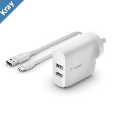 Belkin BoostCharge Dual USBA Wall Charger 24W  USBC to USBA cable 1M  White WCE001au1MWH 2xUSBA 12W Dual Port Fast Charger2YR