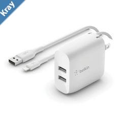 Belkin BoostCharge Dual USBA Wall Charger 24W  Lightning to USBA Cable 1M  White WCD001au1MWH 2xUSBA12W Dual Port Fast Charger2YR
