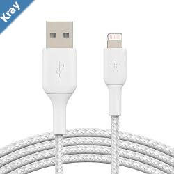 Belkin BoostCharge Braided Lightning to USBA Cable 2m6.6ft  WhiteCAA002bt2MWH 480Mbps 10K bend Apple iPhone  iPad  Macbook 2YR
