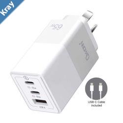 Oxhorn 65W GaN Type C fast Charger 3 Port 2xUSBC 1xUSBA PD3.0 QC4.0 PPS AUS Approved Ctick White with cable