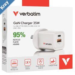 Verbatim 2 Port 35 Watt Portable GaN charger 1 x USBC PD 35w 1x USBA QC 3.0