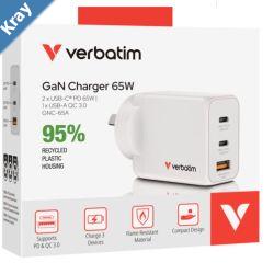 Verbatim 3 Port 65 Watt Portable GaN charger 2 x USBC PD 65w 1x USBA QC 3.0 GNC65A Compact Design Apple Android Samsung Google Huawei Oppo