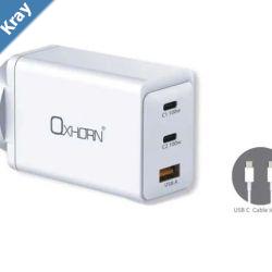 Oxhorn Charger Accessories AC 100W GaN Type C fast Charger 3 Ports 2xUSBC 1xUSBA PD3.0 QC4.0 PPS for LaptopMobileTabletOther Device White