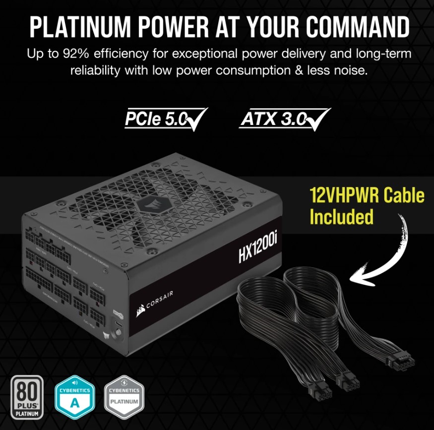 Corsair HX1200i ATX High Performance Platinum PSU ICUE 2024. PCIe 5.0 ATX 3.0 12VHPWR Cable included.