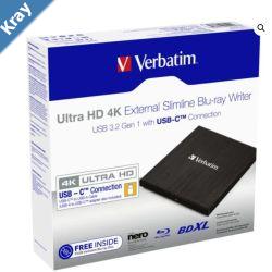 Verbatim External Slim Blueray Writer Ultra HD 4K TypeC Connection USB 3.1 Gen1. Includes Nero Burning Software. Ultra Portable. New 2024