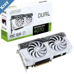 ASUS nVidia GeForce DUALRTX4070O12GWHITE RTX4070 12GB GDDR6X White OC Edition 2520 MHz Boost Clock RAM 21Gbps 3xDP 1xHDMI