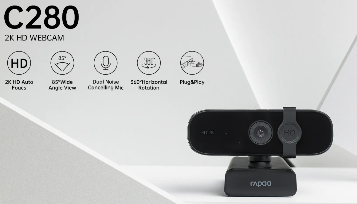 RAPOO C280 2K Webcam  85 Degree Wide Angle Lens 360 degrees Omini Mic. Noise cancel AutoF Plug  Play. Teams Google Meet Zoom Win Hello Wechat